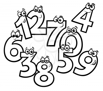 Black and White Educational Cartoon Illustrations of Funny Basic Numbers Characters Group Coloring Book Page