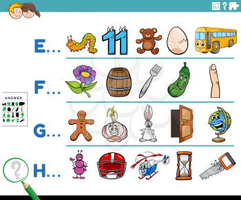 Cartoon Illustration of Finding Pictures Starting with Referred Letter Educational Game Worksheet for Preschool or Elementary School Kids