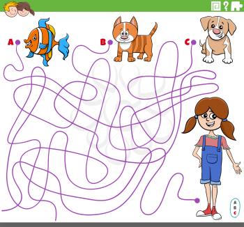 Cartoon Illustration of Lines Maze Puzzle Game with Comic Girl and Pets
