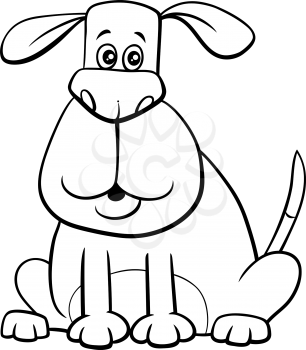 Black and White Cartoon Illustration of Funny Sitting Dog Comic Animal Character Coloring Book Page