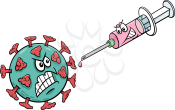 Cartoon illustration of coronavirus and vaccine in a syringe