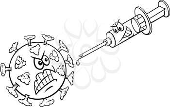 Black and white cartoon illustration of coronavirus and vaccine in a syringe coloring book page
