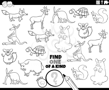 Black and White Cartoon Illustration of Find One of a Kind Picture Educational Game with Comic Wild Animal Characters Coloring Book Page
