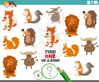 Cartoon Illustration of Find One of a Kind Picture Educational Game with Funny Wild Animal Characters