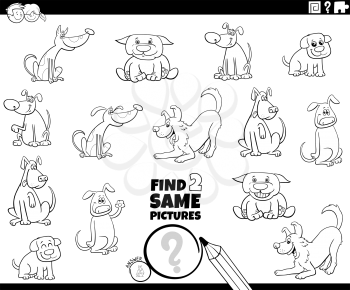 Black and White Cartoon Illustration of Finding Two Same Pictures Educational Game for Children with Dogs Funny Animal Characters Coloring Book Page