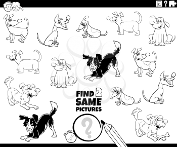 Black and White Cartoon Illustration of Finding Two Same Pictures Educational Task for Children with Dogs Funny Animal Characters Coloring Book Page