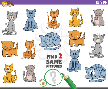 Cartoon Illustration of Find Two Same Pictures Educational Task for Children with Cats and Kittens Animal Characters