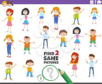 Cartoon Illustration of Find Two Same Pictures Educational Game with Funny Children or Teenager Characters