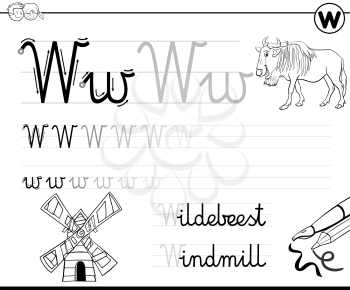 Black and White Cartoon Illustration of Writing Skills Practice Worksheet with Letter W for Preschool and Elementary Age Children Coloring Book