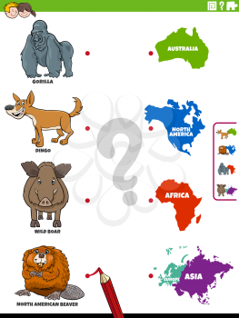 Cartoon Illustration of Educational Matching Game for Children with Wild Animal Species Characters and Continents