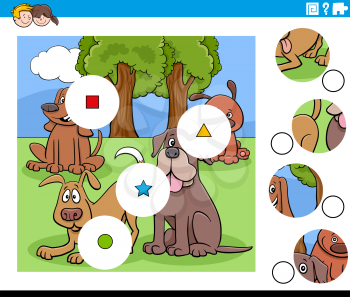 Cartoon Illustration of Educational Match the Pieces Jigsaw Puzzle Game for Children with Dogs Animal Characters Group