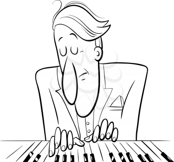 Black and White Cartoon illustration of Musician Pianist Playing the Piano Coloring Book Page