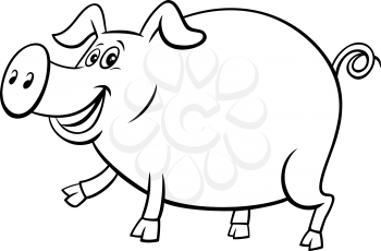 Black and White Cartoon Illustration of Happy Pig Comic Farm Animal Character Coloring Book Page