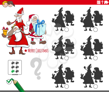 Cartoon illustration of finding the shadow without differences educational game with Santa Claus characters