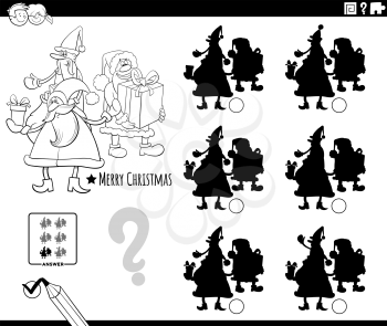 Black and white Cartoon illustration of finding the shadow without differences educational game with Santa Claus characters coloring book page