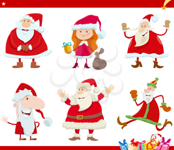 Cartoon illustration of Santa Claus characters on Christmas time set