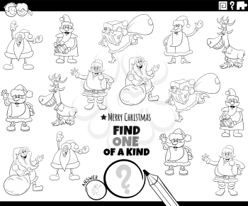 Black and white cartoon illustration of find one of a kind picture educational game with comic Christmas characters coloring book page