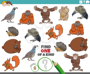 Cartoon illustration of find one of a kind picture educational task with comic wild animal characters