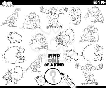 Black and white cartoon illustration of find one of a kind picture educational task with comic wild animal characters coloring book page