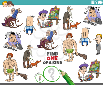 Cartoon illustration of find one of a kind picture educational game with comic people characters
