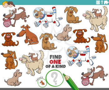 Cartoon illustration of find one of a kind picture educational game with comic dogs animal characters