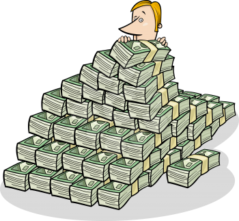 Concept cartoon illustration of businessman and big pile of money in banknotes