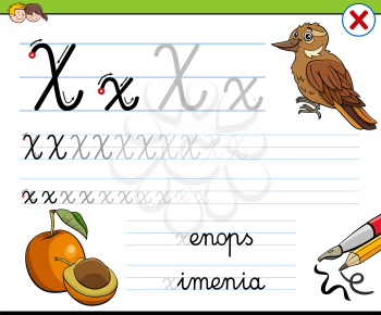 Cartoon illustration of writing skills practice worksheet with letter X for preschool and elementary age children