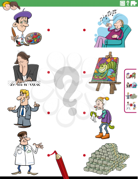 Cartoon illustration of educational matching game for children with people characters