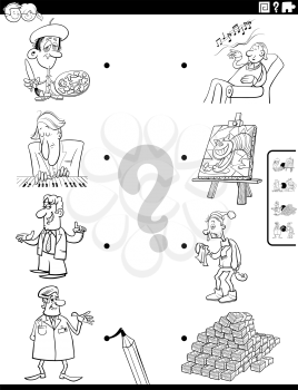 Black and white cartoon illustration of educational matching game for children with people characters coloring book page