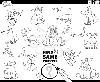 Black and White Cartoon Illustration of Finding Two Same Pictures Educational Task for Children with Dogs and Puppies Animal Characters Coloring Book Page