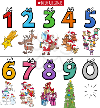 Cartoon illustration of educational numbers set from one to nine with Christmas characters
