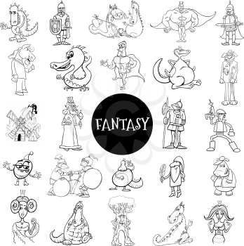 Black and White Cartoon Illustration of Funny Fantasy or Fairy Tale Characters Large Set Coloring Book Page