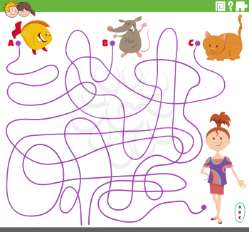 Cartoon Illustration of Lines Maze Puzzle Game with Girl and Pets Characters