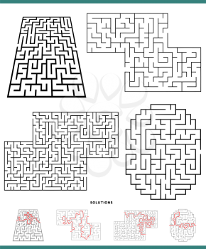 Illustration of Black and White Mazes Game Activities Set with Solutions
