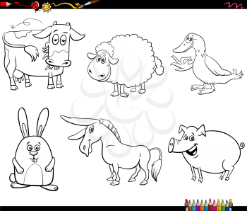 Black and White Cartoon Illustration of Funny Farm Animal Characters Set Coloring Book Page