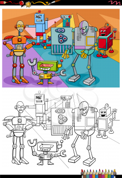 Cartoon Illustration of Funny Robots and Droids Fantasy Characters Group Coloring Book Page