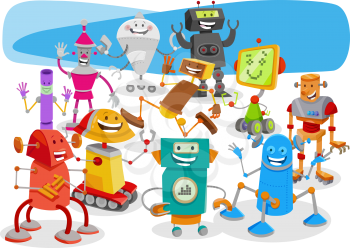 Cartoon Illustration of Funny Robots or Droids Fantasy Characters Group
