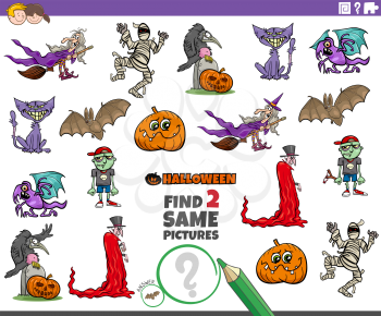 Cartoon Illustration of Finding Two Same Pictures Educational Task for Children with Halloween Characters