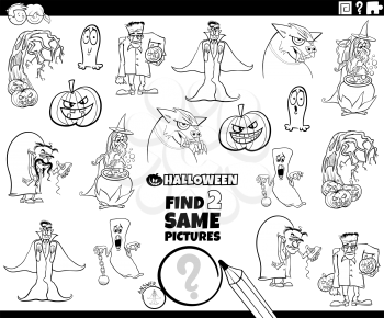 Black and White Cartoon Illustration of Finding Two Same Pictures Educational Game for Kids with Halloween Characters Coloring Book Page