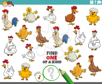 Cartoon illustration of find one of a kind picture educational game with comic chickens animal characters