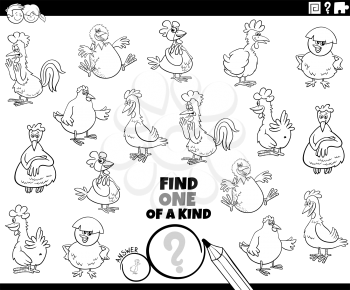 Black and white cartoon illustration of find one of a kind picture educational game with comic chickens animal characters coloring book page