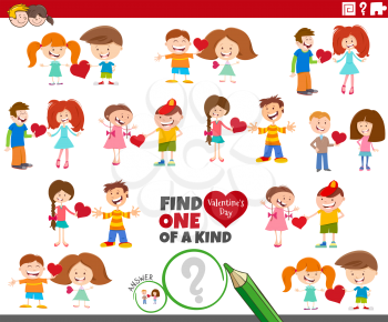 Cartoon illustration of find one of a kind picture educational game with kids couples at Valentines time