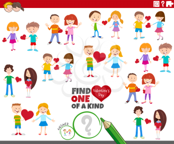 Cartoon illustration of find one of a kind picture educational game with girls and boys at Valentines day