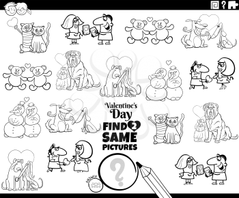 Black and white cartoon illustration of finding two same pictures educational game with couples at Valentines day coloring book page