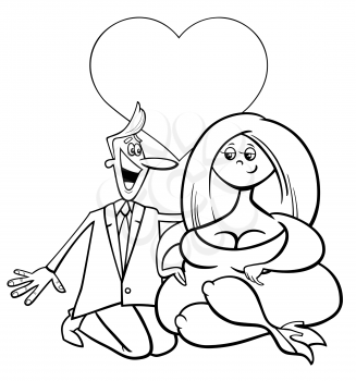 Valentines Day greeting card cartoon illustration with woman and man couple characters in love