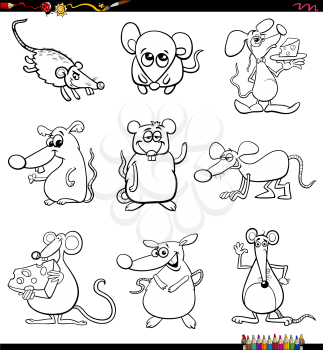 Black and white cartoon illustration of mice comic animal characters set coloring book page