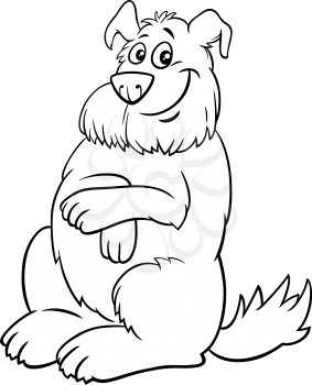 Black and white cartoon illustration of happy shaggy dog comic animal character coloring book page