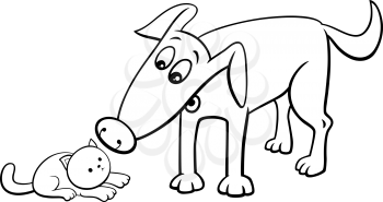 Black and White Cartoon Illustration of Funny Dog and Little Kitten Coloring Book Page