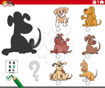 Cartoon Illustration of Finding the Right Picture to the Shadow Educational Game for Children with Cute Dogs Animal Characters