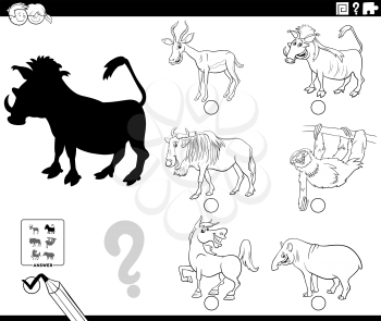 Black and White Cartoon Illustration of Finding the Right Picture to the Shadow Educational Game for Children with Wild Animal Characters Coloring Book Page